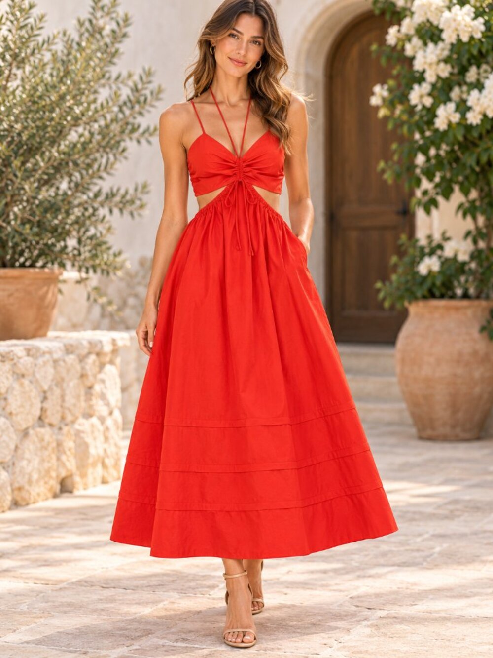Nicholas Baylee Cutout Cotton Poplin Midi Dress Red Orange XS Size 0